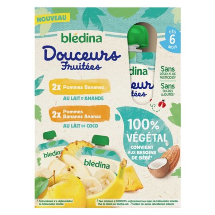Photo de Gourdes 100% vegetal mulvarietes saveur 2 pommes bananes au lait d'amande et 2 pommes bananes ananas au lait de coco des 6 mois 4x90g Bledina Gourdes 100% vegetal mulvarietes saveur 2 pommes bananes au lait d'amande et 2 pommes bananes ananas au lait de coco des 6 mois 4x90g Bledina-232162