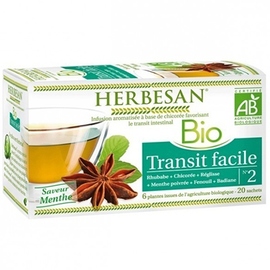 INFUSION CHICOREE TRANSIT FACILE BIO 
Rhubarbe, Chicorée, Réglisse, Menthe poivrée - 20 sachets - 20.0 unités - Infusion Bio - Herbesan -132403