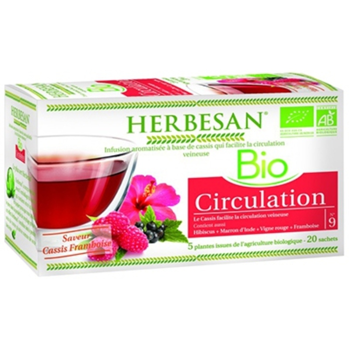Infusion hibiscus cassis circulation bio
cassis feuille, hibiscus, marron d'inde, vigne rouge - 20 sachets Herbesan-142201