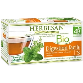INFUSION MENTHE POIVREE, FENOUIL DIGESTION FACILE BIO
Menthe poivrée, Thym, Fenouil, Mélisse - 20 sachets - 20.0 unités - Infusion Bio - Herbesan -132404