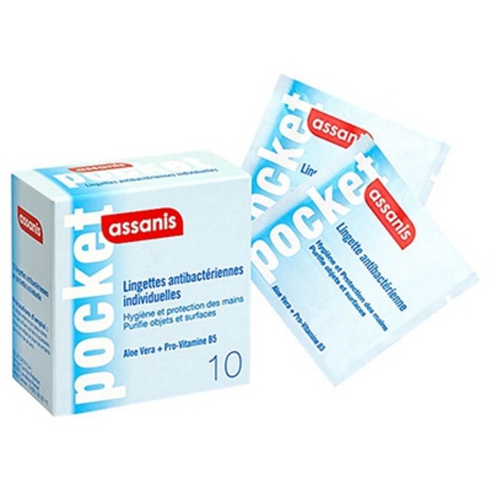 Photo de Pocket lingettes antibactériennes - boîte de 10 pochettes individuelles Assanis Pocket lingettes antibactériennes - boîte de 10 pochettes individuelles Assanis-198270