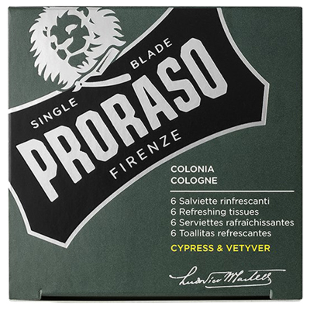 Photo de Proraso 6 serviettes rafraîchissantes cyprès vétiver cologne Proraso Proraso 6 serviettes rafraîchissantes cyprès vétiver cologne Proraso-219701
