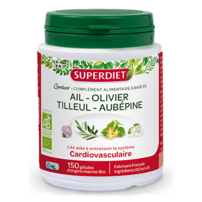 Quatuor ail cardiovasculaire bio
ail, olivier, tilleul, aubépine - 150 gélules Super diet-130011