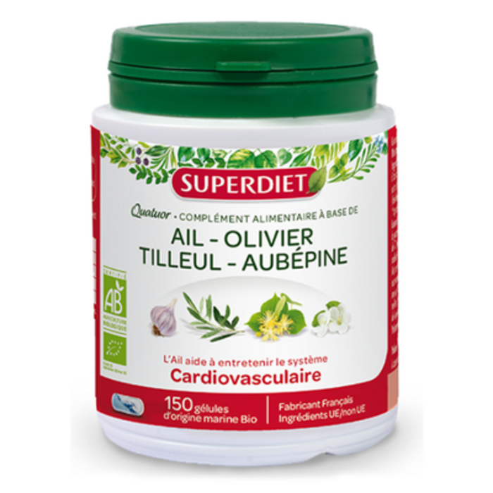 Photo de Quatuor ail cardiovasculaire bio
ail, olivier, tilleul, aubépine - 150 gélules Super diet Quatuor ail cardiovasculaire bio
ail, olivier, tilleul, aubépine - 150 gélules Super diet-130011