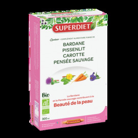 QUATUOR BARDANE BEAUTE DE LA PEAU BIO 
Bardane, Pissenlit, Carotte, Pensée sauvage - 20 ampoules de 15ml - 20.0 unités - Les quatuors - Super Diet Peau nette-4464