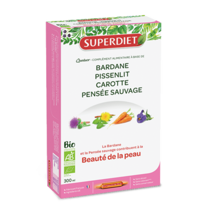 Photo de Quatuor bardane beaute de la peau bio
bardane, pissenlit, carotte, pensée sauvage - 20 ampoules de 15ml Super diet Quatuor bardane beaute de la peau bio
bardane, pissenlit, carotte, pensée sauvage - 20 ampoules de 15ml Super diet-4464