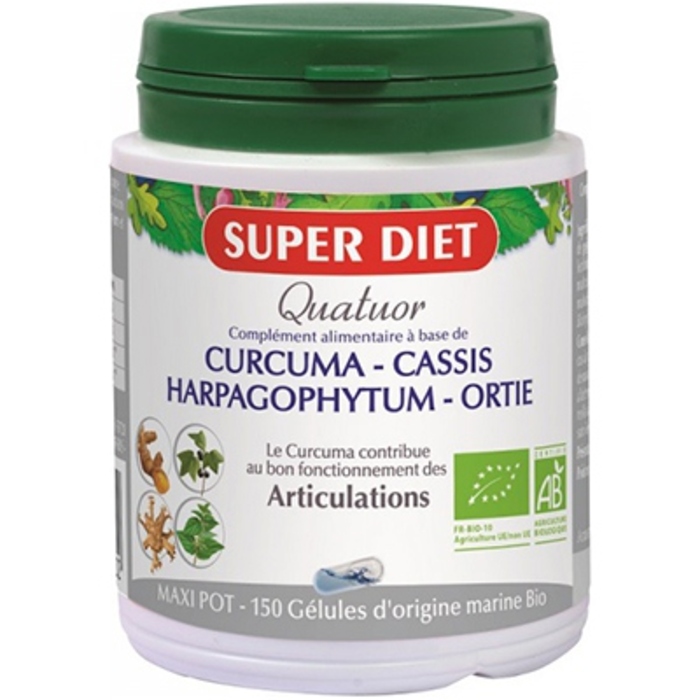 Quatuor curcuma articulations bio
curcuma, cassis, harpagophytum, ortie -  150 gélules Super diet-130010