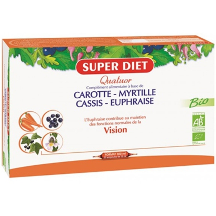 Quatuor euphraise vision bio
carotte, myrtille, cassis, euphraise - 20 ampoules de 15ml Super diet-142686