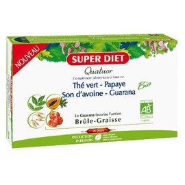 QUATUOR GUARANA BRÛLE-GRAISSE BIO 
Thé vert, Papaye, Son d'avoine, Guarana - 20 ampoules de 15ml - 20.0 unités - Les quatuors - Super Diet -140598
