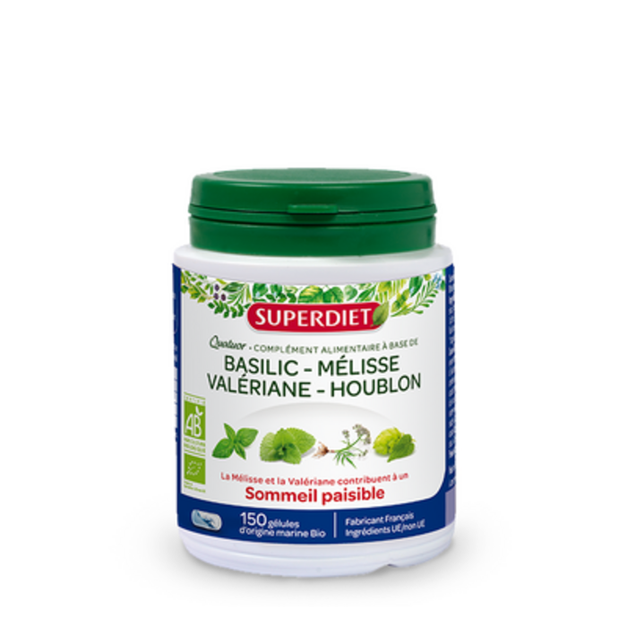 Photo de Quatuor melisse sommeil paisible bio
basilic, mélisse, valériane, houblon - 150 gélules Super diet Quatuor melisse sommeil paisible bio
basilic, mélisse, valériane, houblon - 150 gélules Super diet-130013