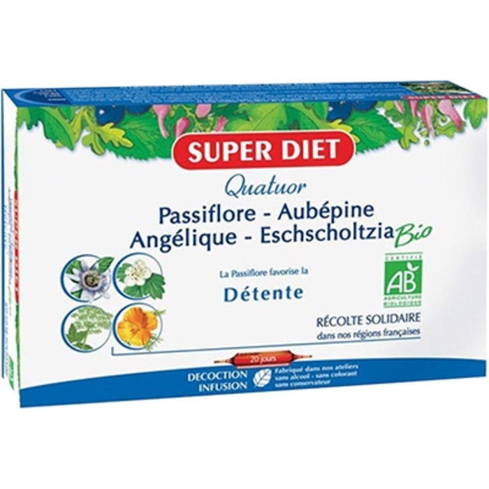 Photo de Quatuor passiflore sommeil paisible bio
angélique, passiflore, eschscholtzia, aubépine - 20 ampoules de 15ml Super diet Quatuor passiflore sommeil paisible bio
angélique, passiflore, eschscholtzia, aubépine - 20 ampoules de 15ml Super diet-4465