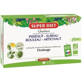 QUATUOR PISSENLIT DRAINAGE BIO
Pissenlit, Sureau, Bouleau, Artichaut - 20 ampoules de 15ml - Super Diet -190244