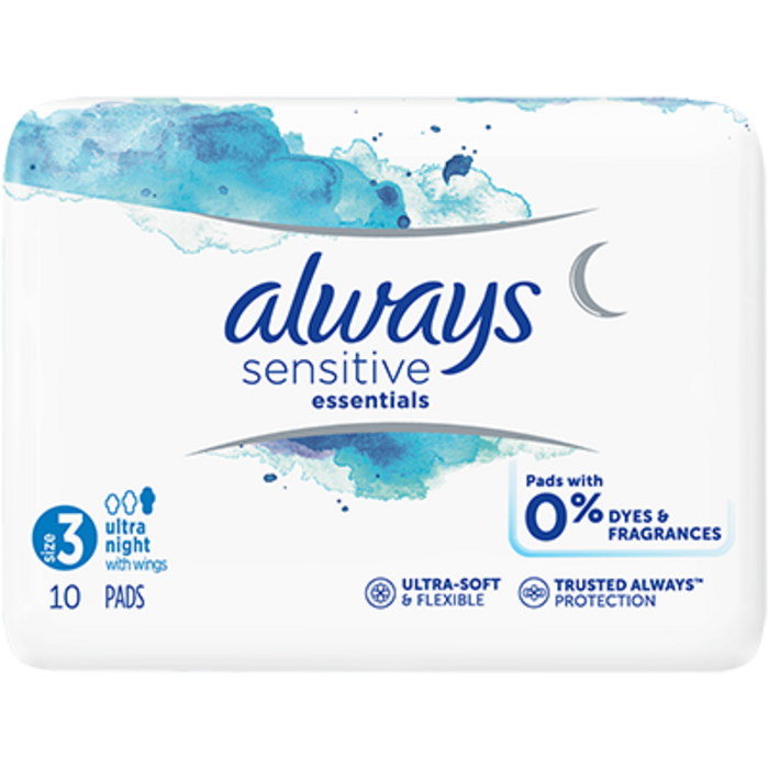 Photo de Sensitive essentials serviettes taille 3 ultra night avec ailettes x10 Always Sensitive essentials serviettes taille 3 ultra night avec ailettes x10 Always-225254